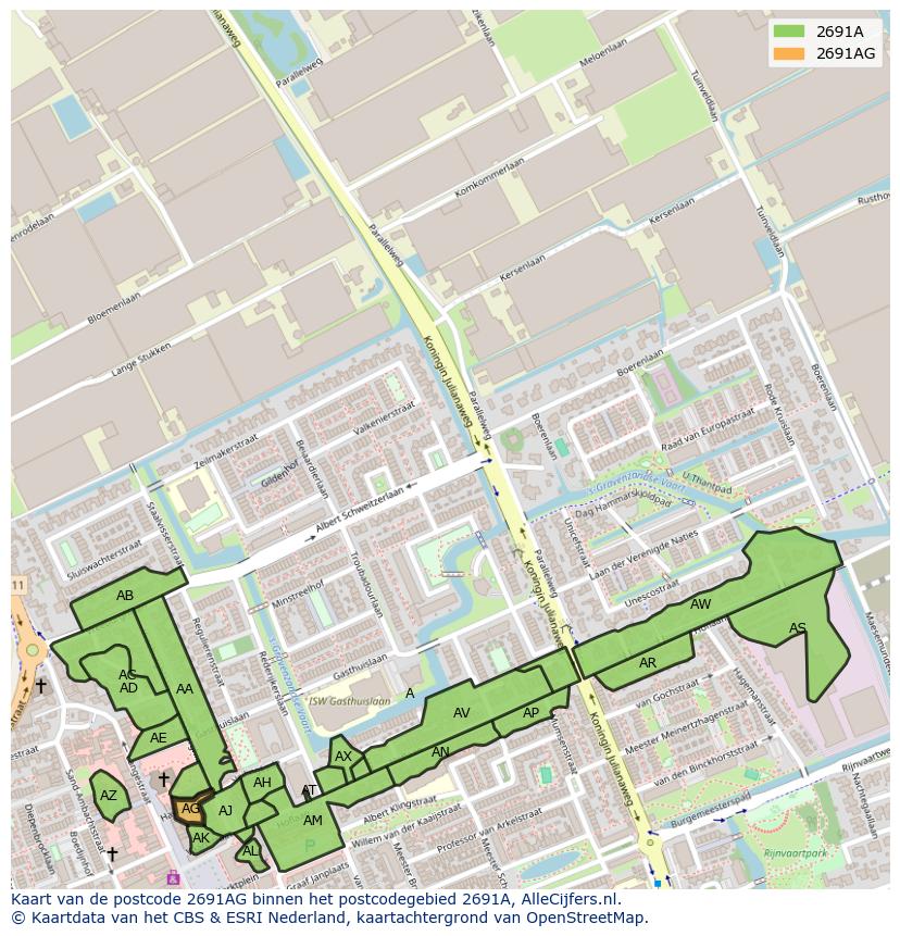 Afbeelding van het postcodegebied 2691 AG op de kaart.