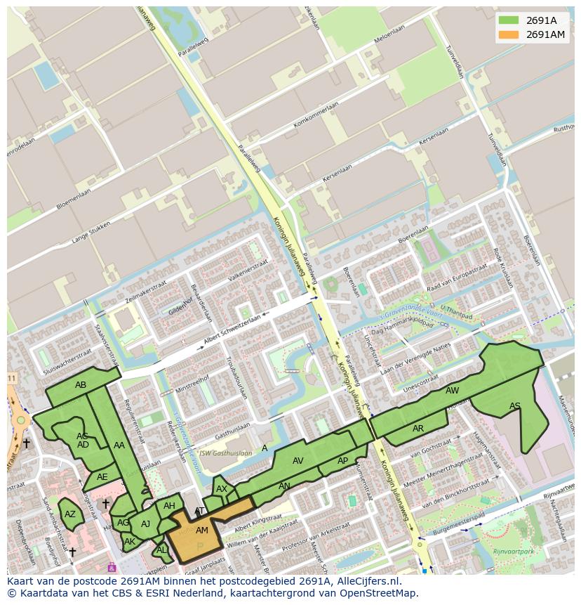 Afbeelding van het postcodegebied 2691 AM op de kaart.