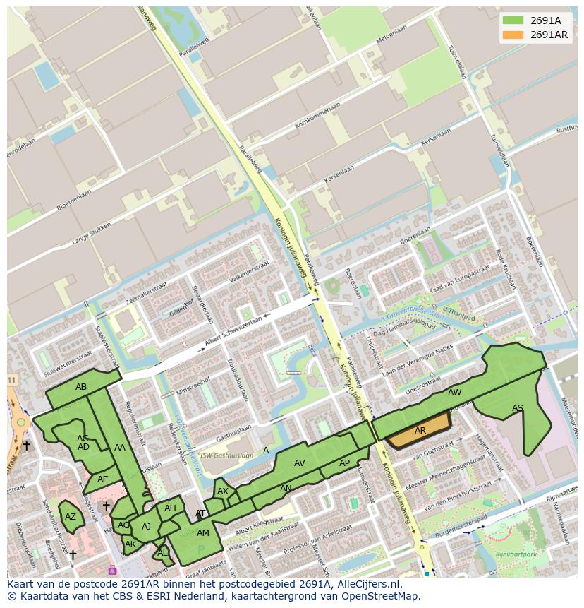 Afbeelding van het postcodegebied 2691 AR op de kaart.