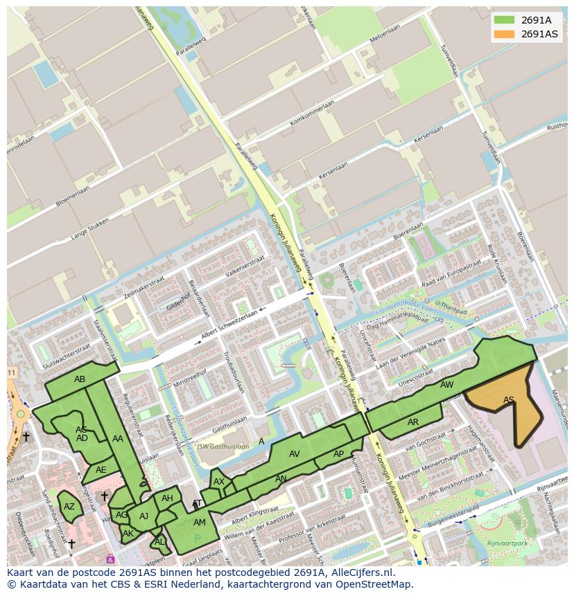 Afbeelding van het postcodegebied 2691 AS op de kaart.