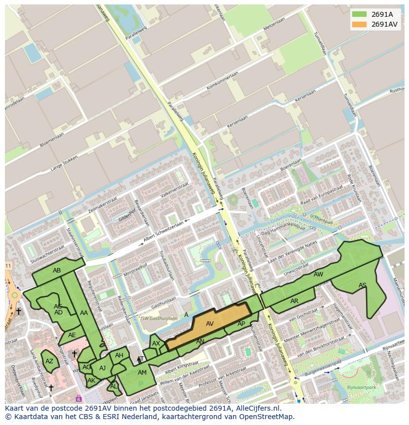 Afbeelding van het postcodegebied 2691 AV op de kaart.