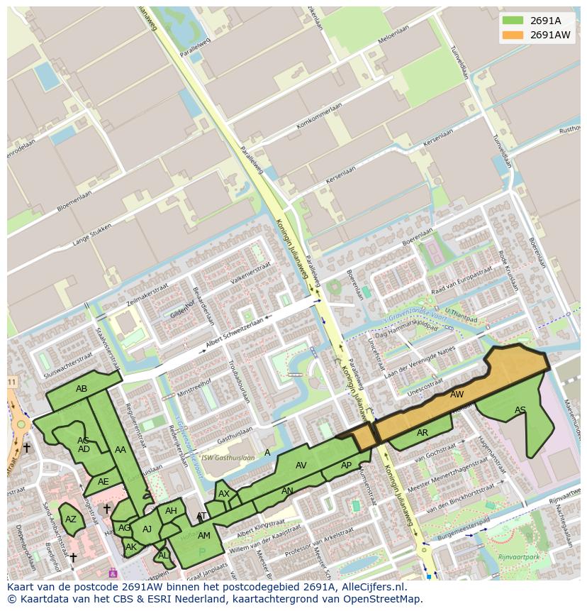 Afbeelding van het postcodegebied 2691 AW op de kaart.