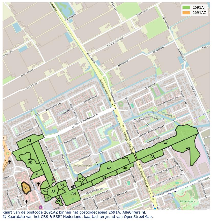 Afbeelding van het postcodegebied 2691 AZ op de kaart.