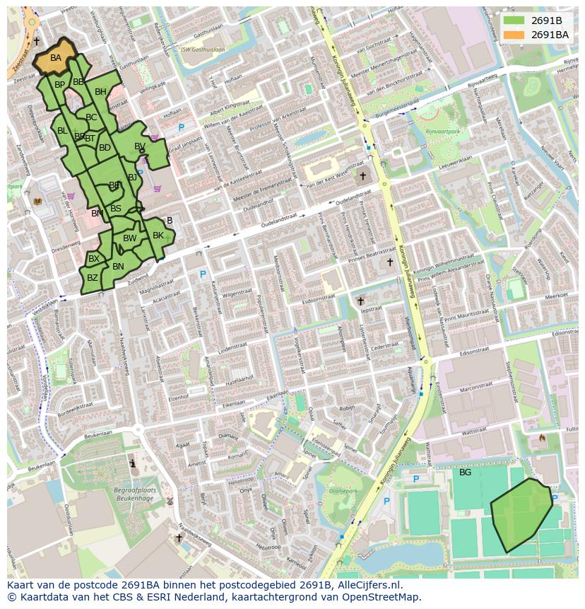 Afbeelding van het postcodegebied 2691 BA op de kaart.