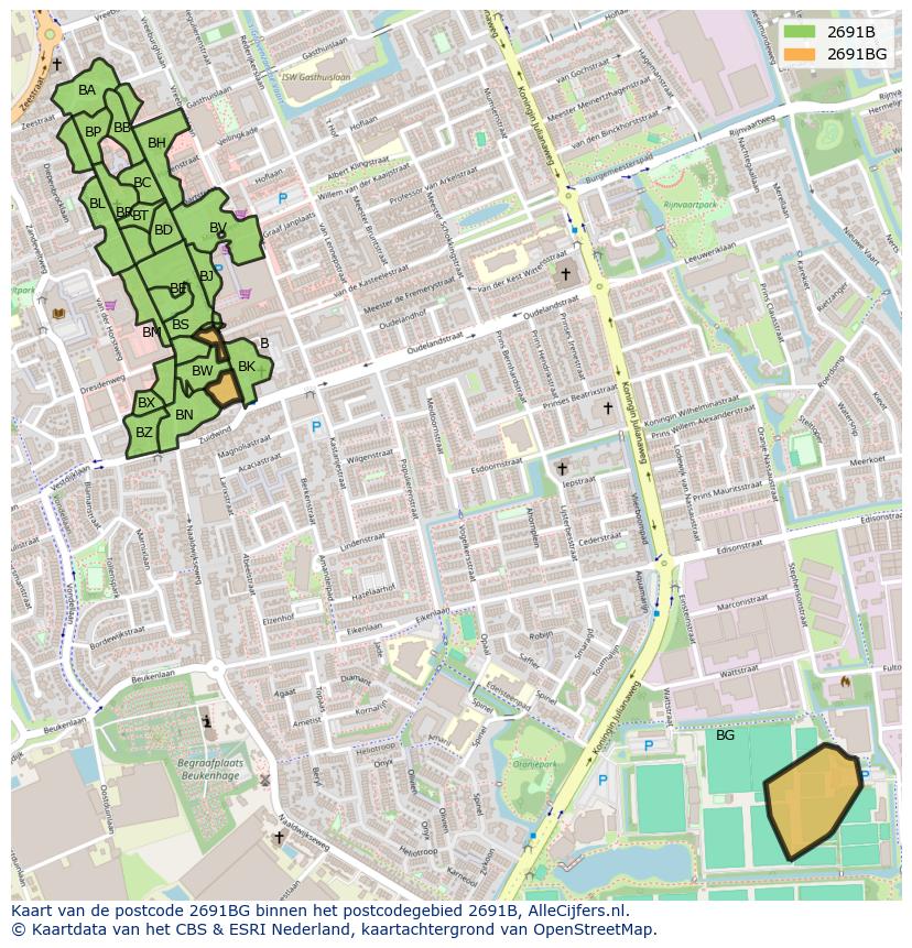 Afbeelding van het postcodegebied 2691 BG op de kaart.