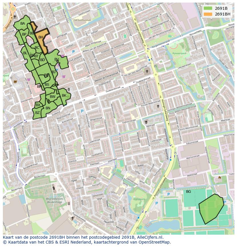 Afbeelding van het postcodegebied 2691 BH op de kaart.