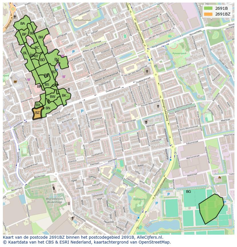 Afbeelding van het postcodegebied 2691 BZ op de kaart.