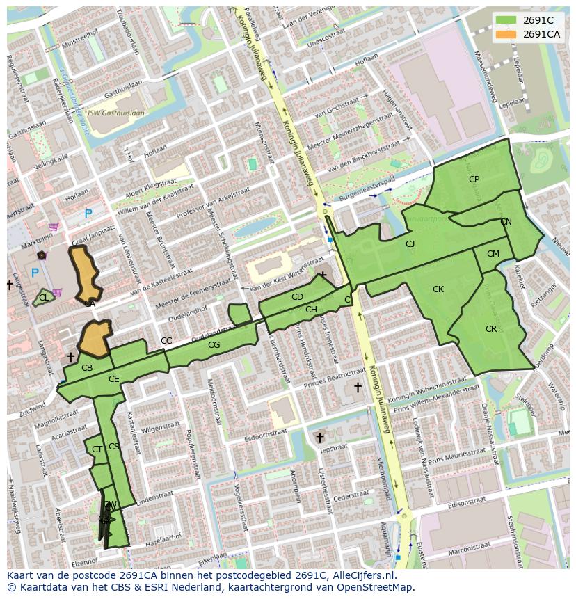 Afbeelding van het postcodegebied 2691 CA op de kaart.