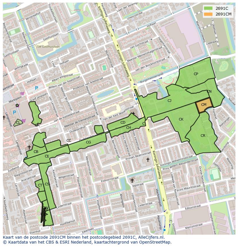Afbeelding van het postcodegebied 2691 CM op de kaart.