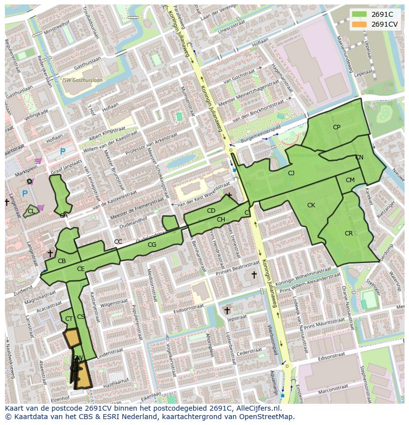 Afbeelding van het postcodegebied 2691 CV op de kaart.