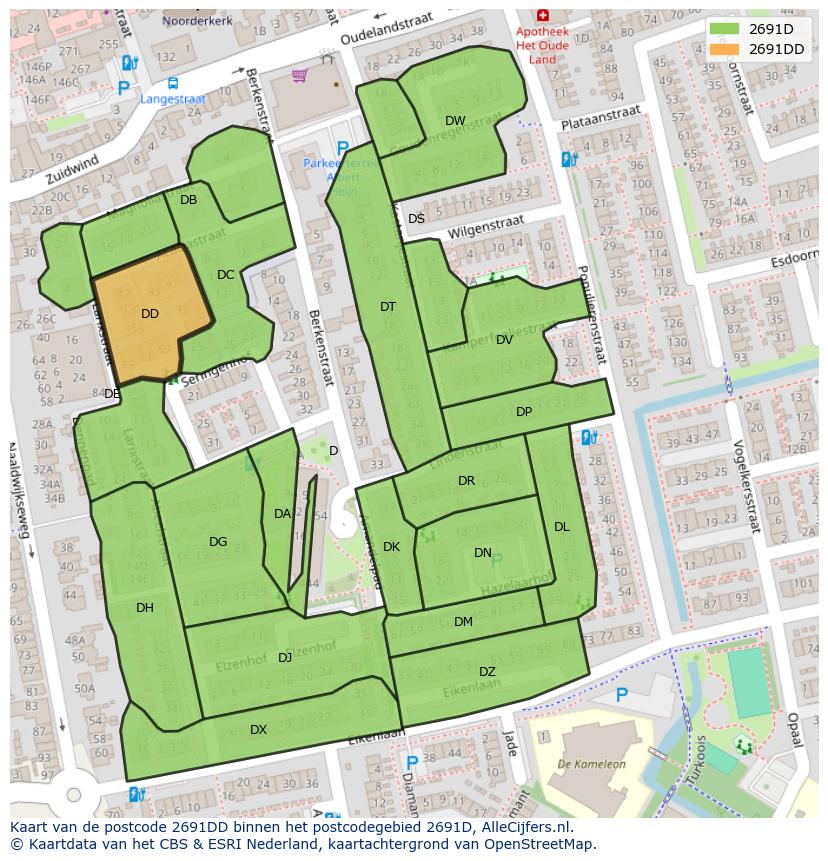 Afbeelding van het postcodegebied 2691 DD op de kaart.
