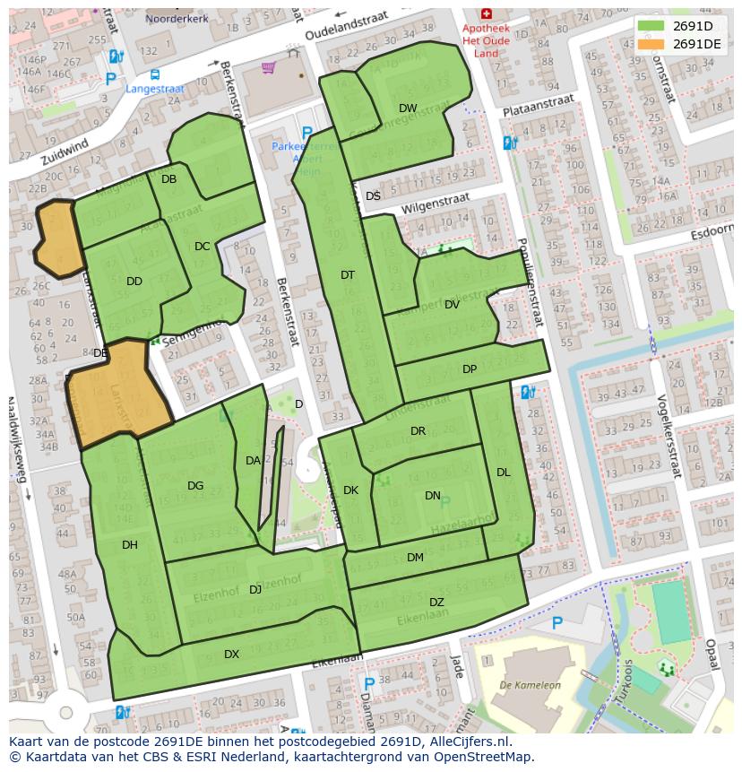 Afbeelding van het postcodegebied 2691 DE op de kaart.