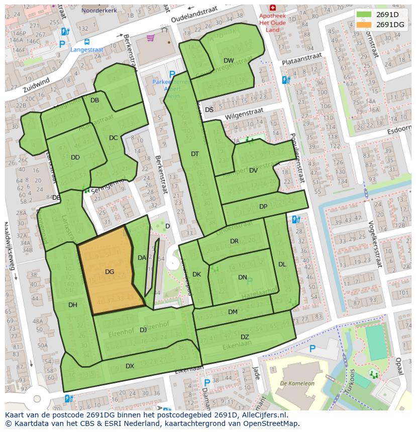 Afbeelding van het postcodegebied 2691 DG op de kaart.