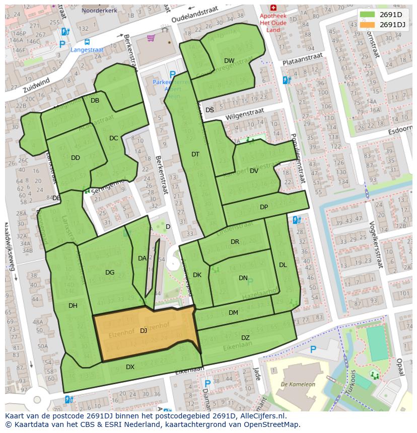 Afbeelding van het postcodegebied 2691 DJ op de kaart.
