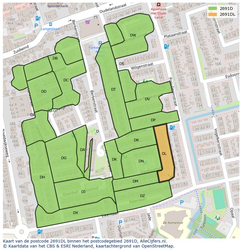 Afbeelding van het postcodegebied 2691 DL op de kaart.