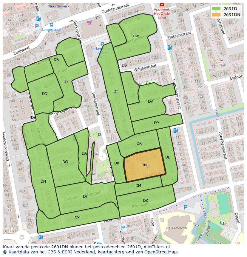Afbeelding van het postcodegebied 2691 DN op de kaart.