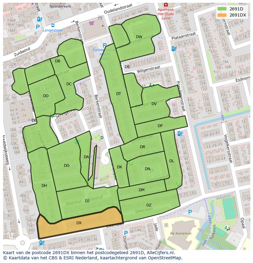 Afbeelding van het postcodegebied 2691 DX op de kaart.