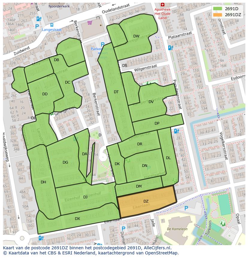Afbeelding van het postcodegebied 2691 DZ op de kaart.