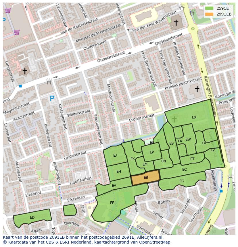 Afbeelding van het postcodegebied 2691 EB op de kaart.