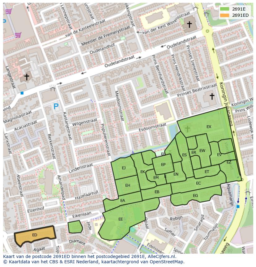 Afbeelding van het postcodegebied 2691 ED op de kaart.