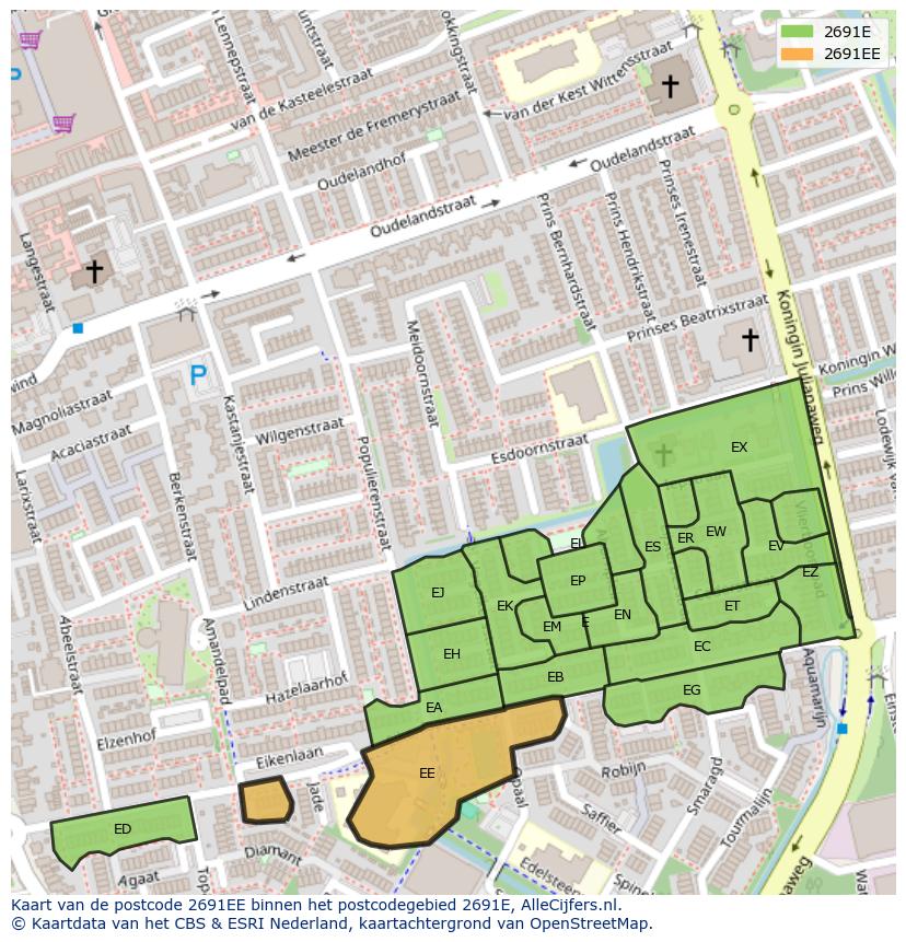 Afbeelding van het postcodegebied 2691 EE op de kaart.