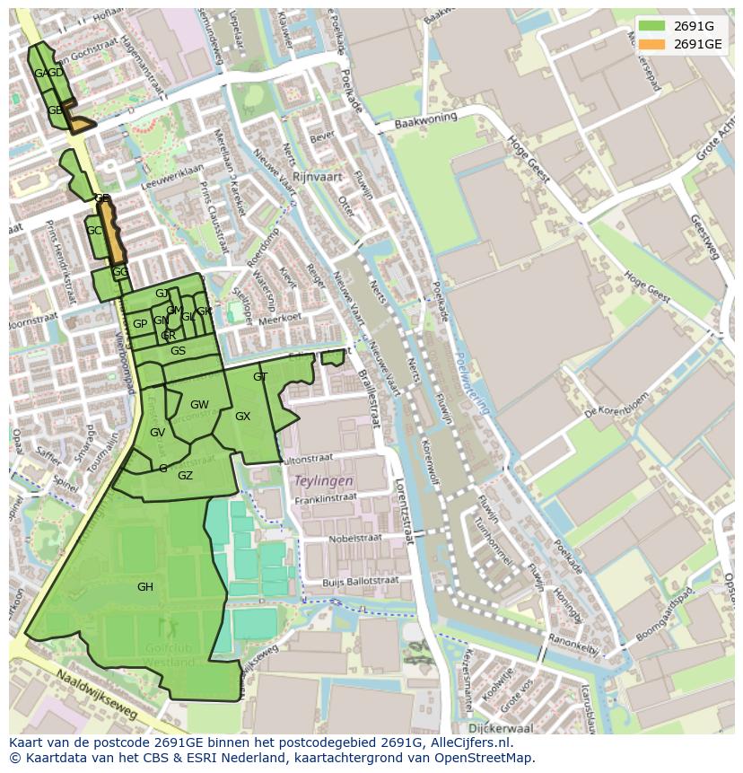 Afbeelding van het postcodegebied 2691 GE op de kaart.