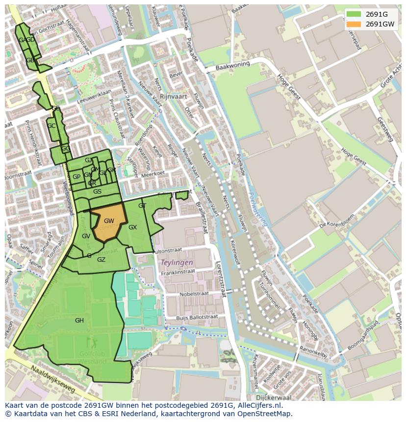 Afbeelding van het postcodegebied 2691 GW op de kaart.