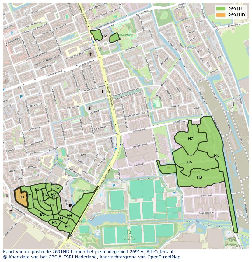 Afbeelding van het postcodegebied 2691 HD op de kaart.