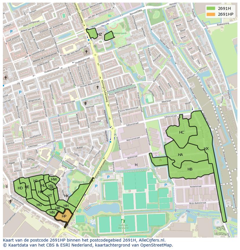 Afbeelding van het postcodegebied 2691 HP op de kaart.