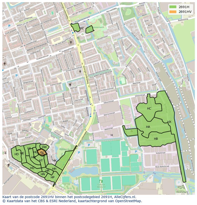Afbeelding van het postcodegebied 2691 HV op de kaart.
