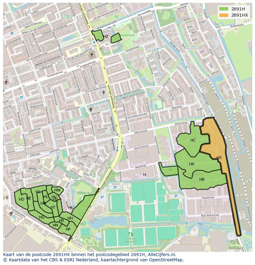 Afbeelding van het postcodegebied 2691 HX op de kaart.