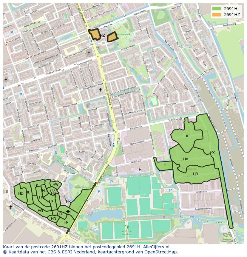 Afbeelding van het postcodegebied 2691 HZ op de kaart.