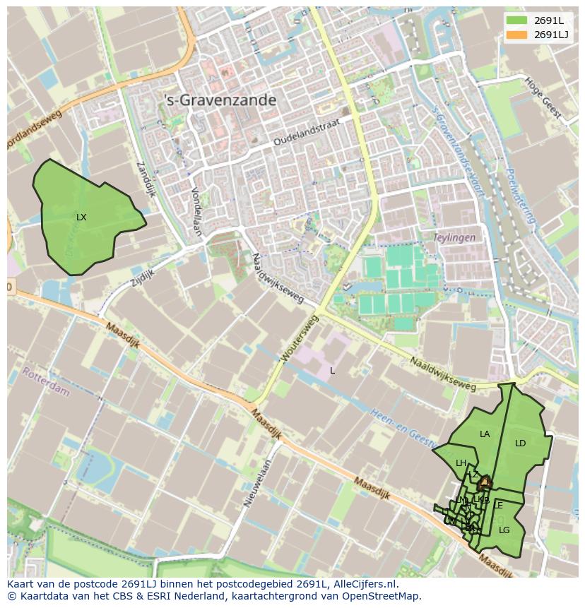 Afbeelding van het postcodegebied 2691 LJ op de kaart.