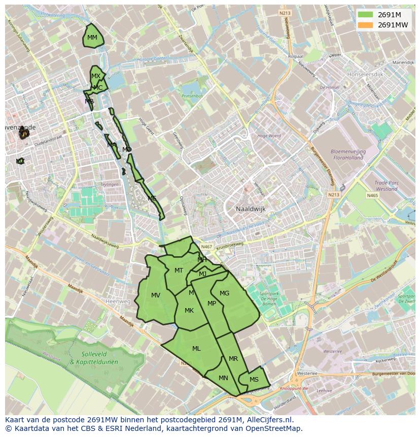 Afbeelding van het postcodegebied 2691 MW op de kaart.