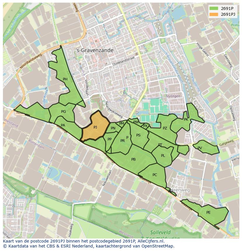 Afbeelding van het postcodegebied 2691 PJ op de kaart.