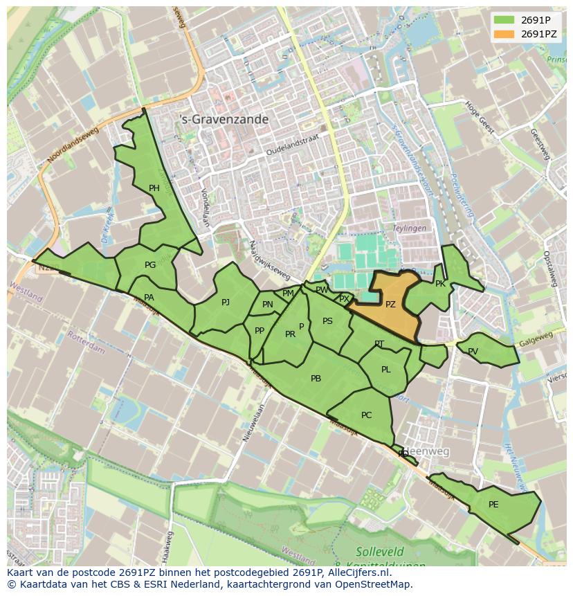 Afbeelding van het postcodegebied 2691 PZ op de kaart.