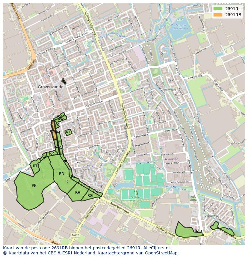 Afbeelding van het postcodegebied 2691 RB op de kaart.