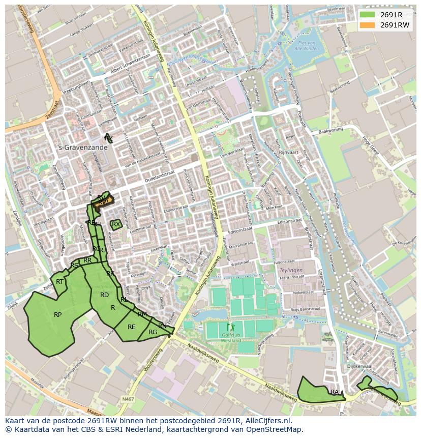 Afbeelding van het postcodegebied 2691 RW op de kaart.