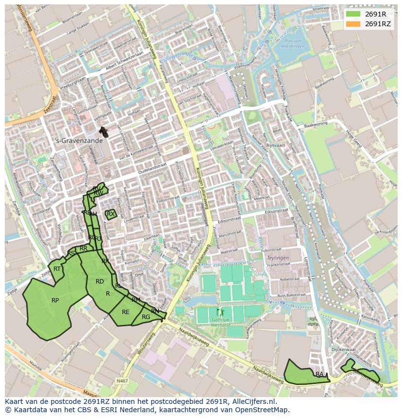 Afbeelding van het postcodegebied 2691 RZ op de kaart.