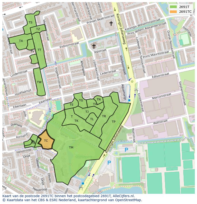 Afbeelding van het postcodegebied 2691 TC op de kaart.