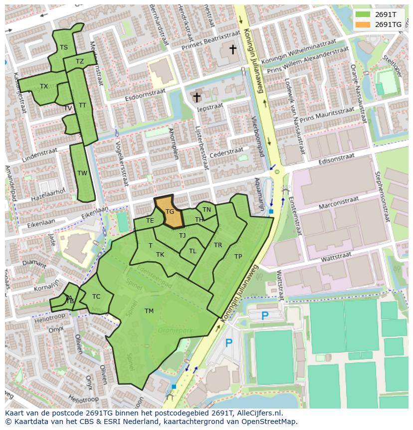 Afbeelding van het postcodegebied 2691 TG op de kaart.