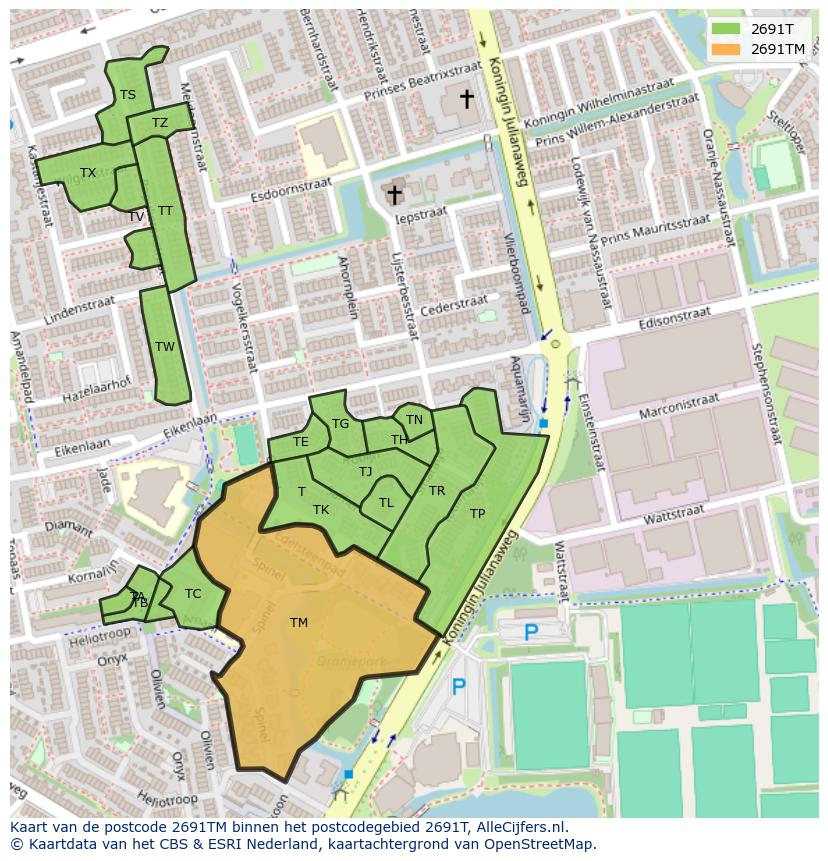 Afbeelding van het postcodegebied 2691 TM op de kaart.