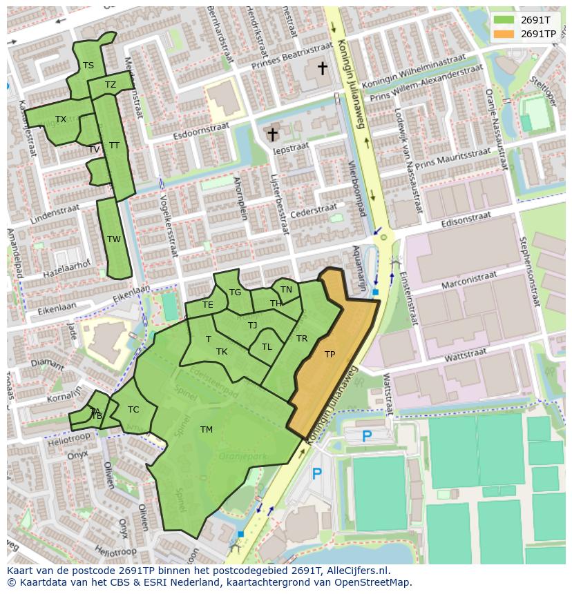 Afbeelding van het postcodegebied 2691 TP op de kaart.