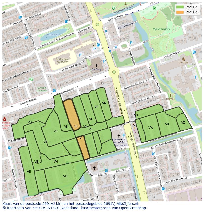 Afbeelding van het postcodegebied 2691 VJ op de kaart.