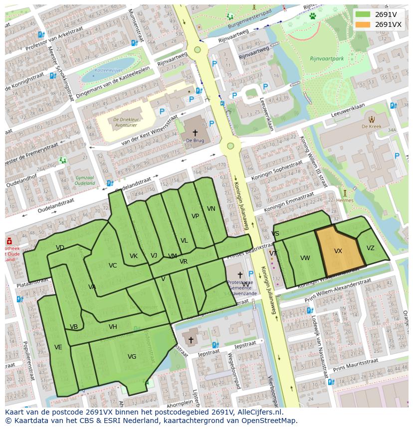 Afbeelding van het postcodegebied 2691 VX op de kaart.