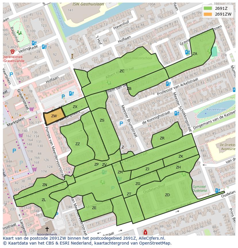 Afbeelding van het postcodegebied 2691 ZW op de kaart.