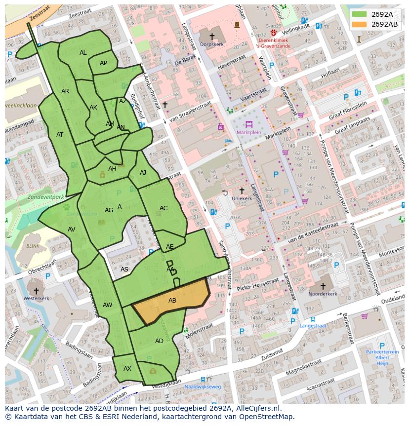 Afbeelding van het postcodegebied 2692 AB op de kaart.