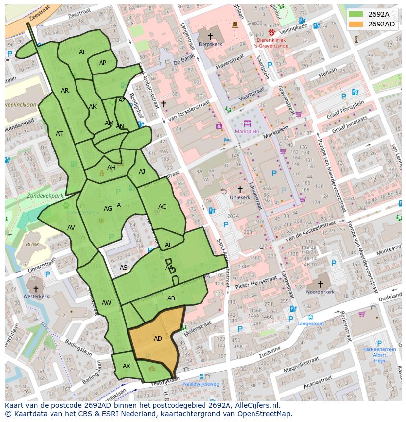 Afbeelding van het postcodegebied 2692 AD op de kaart.