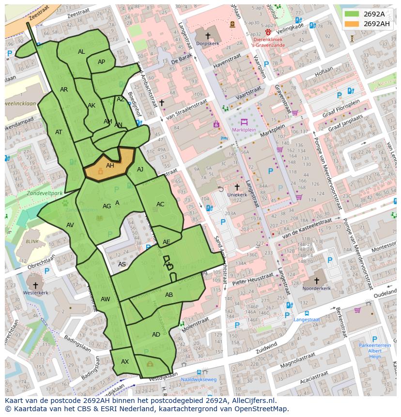 Afbeelding van het postcodegebied 2692 AH op de kaart.