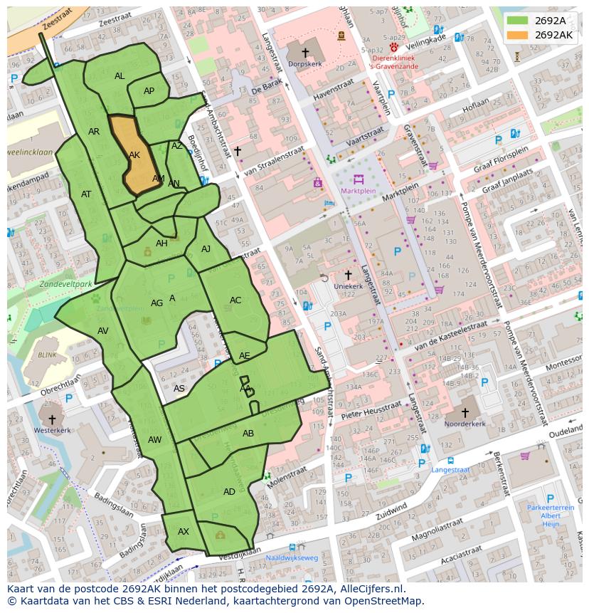Afbeelding van het postcodegebied 2692 AK op de kaart.